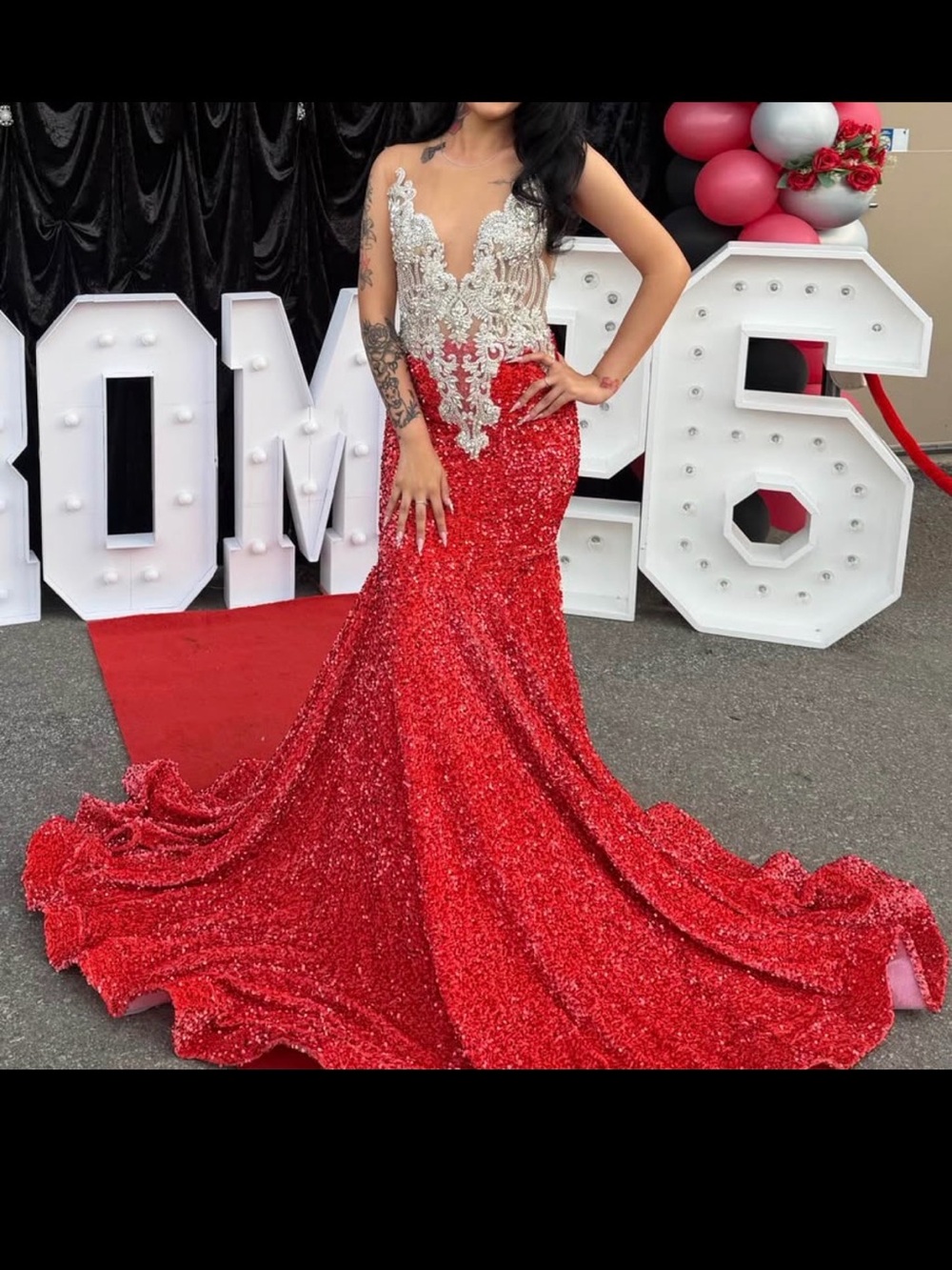Red Sequin Mermaid Gown with Silver Embellished Bodice